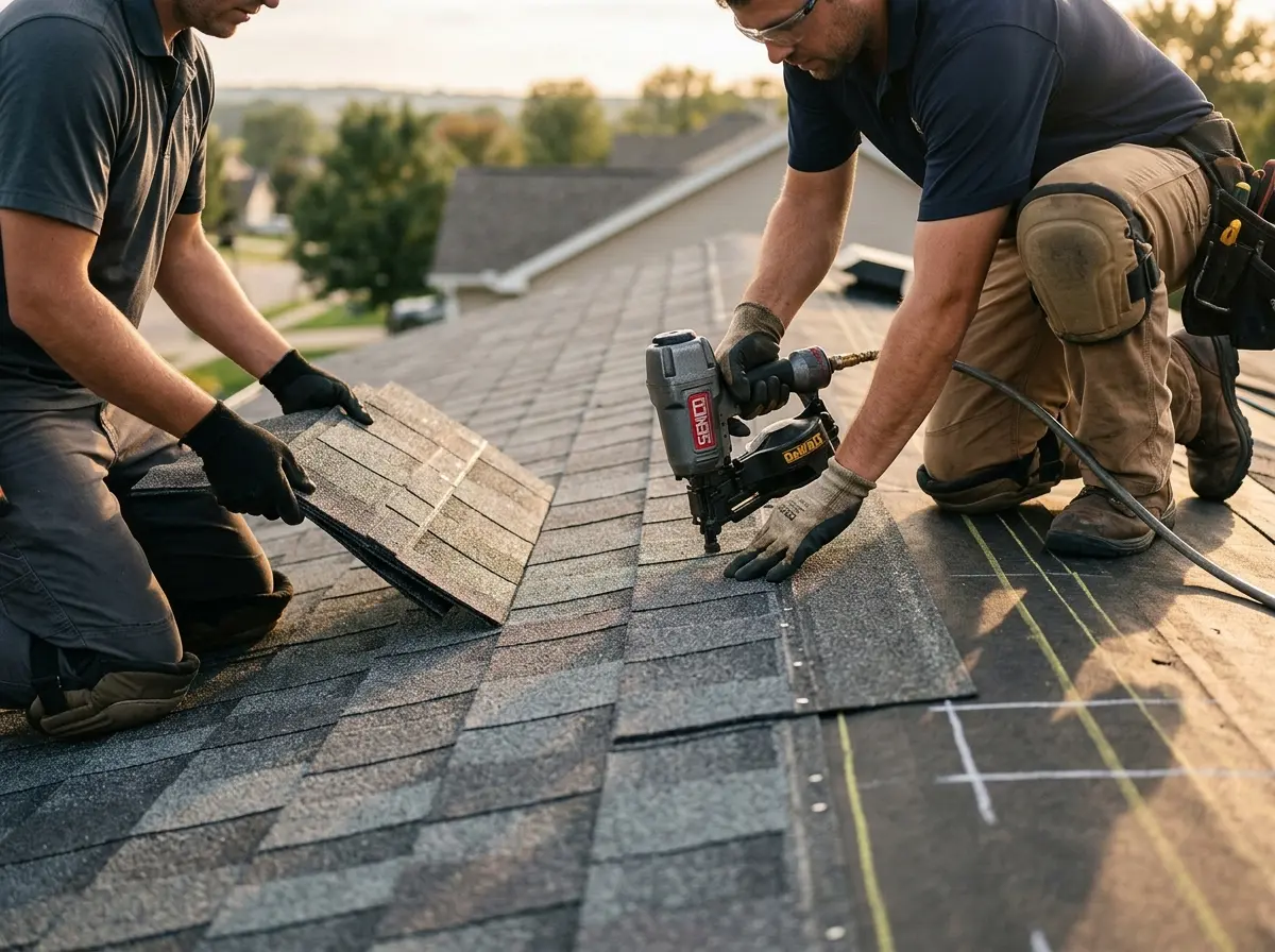 Professional roofer working on a residential roof in Robstown